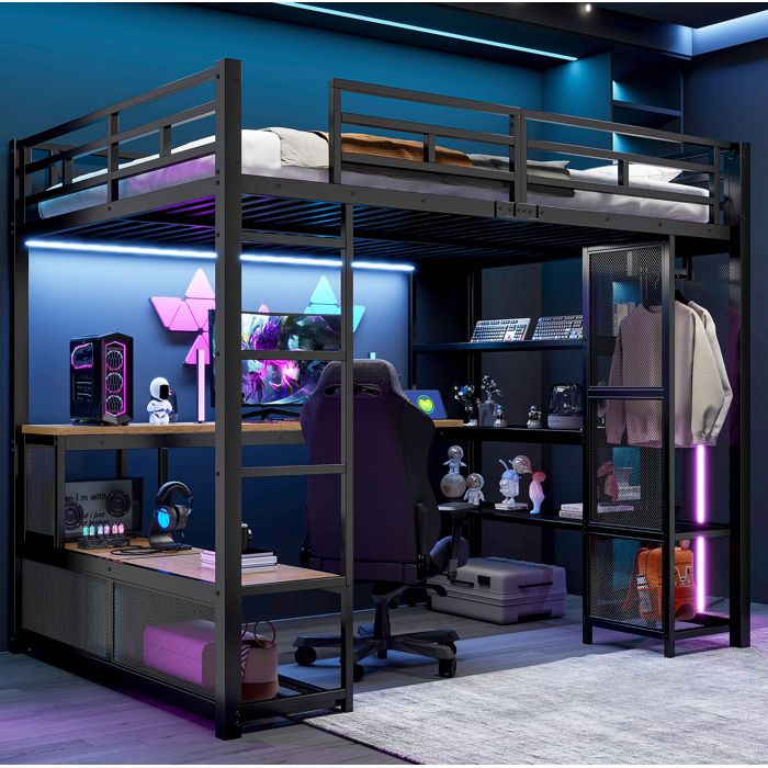 Lit Mezzanine 140x200 En Metal Noir Lit Sureleve Avec Bureau FloraGrace Pour Chambre Ado Adulte Avec USB Et LED 208x148x170cm