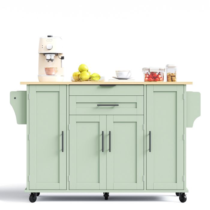 ELVORIN Îlot central mobile 136 x 70 x 92 cm plateau extensible 5 roulettes vert antique