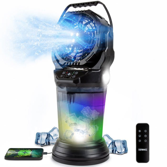 Duronic FM6 BK Ventilateur de brume rechargeable Réservoir deau 2 litres 4 vitesses Télécommande incluse Lumières LED Lampe torche