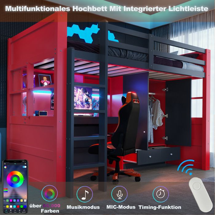 Lit mezzanine 90 x 200 cm style gaming avec échelle espace de rangement table armoire et tiroirs – Rouge/noir (sans matelas)