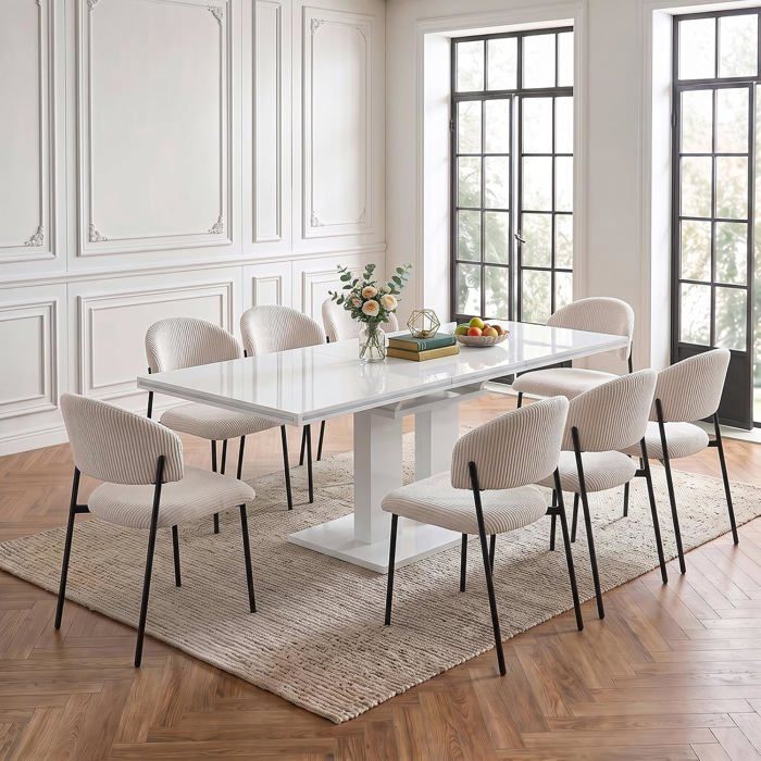 JIEXI Lot 9 pièces : table extensible blanc brillant avec 8 chaises velours côtelé blanches ensemble moderne salle à manger