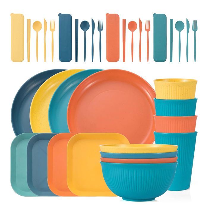 36 Pièces Vaisselle en Paille de Blé Assiettes et Bols Réutilisables Couverts de Voyage Micro-ondes et Lave-vaisselle pour .