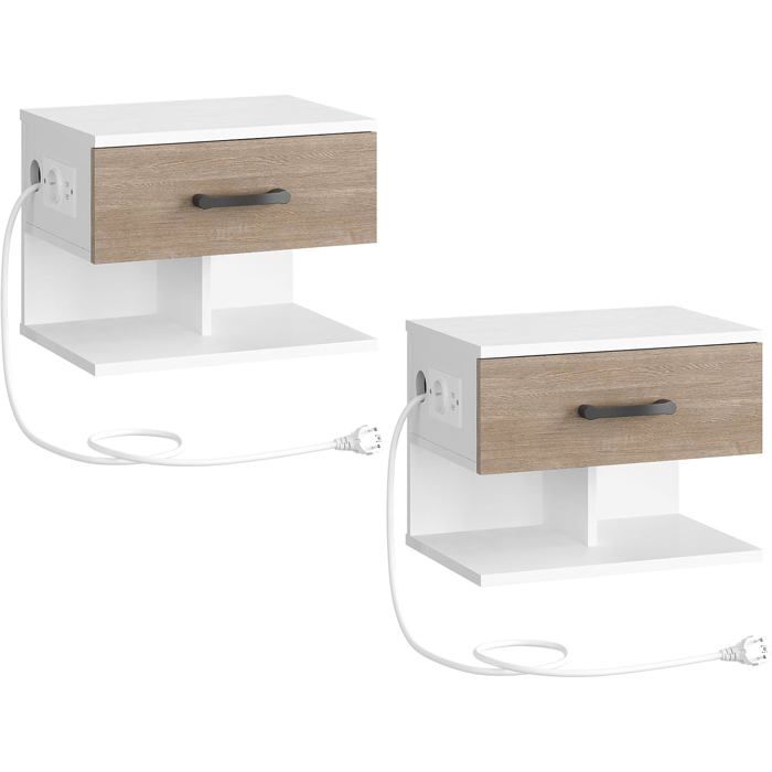 Tables de chevet suspendues lot de 2 tables nuit murales avec station de charge tiroir rabattable 1 prise 2 ports USB