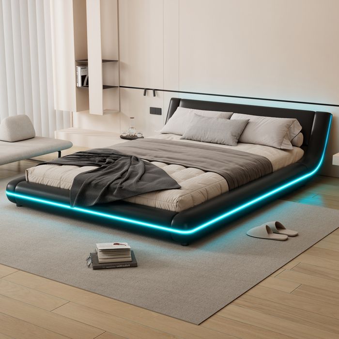 Lit plat 140 x 200 cm lit de sol PU éclairage dambiance LED noir