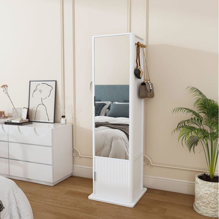 Armoire miroir pivotante 4-en-1 1 Porte 4 Étagères - HAVRYA - 6 Crochets Chambre MDF Blanc 50×50×170 cm