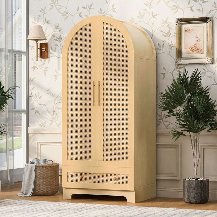 Armoire de chambre à coucher 70 × 55 × 170 cm 2 portes avec tiroirs et compartiments de rangement portes en rotin couleur bois