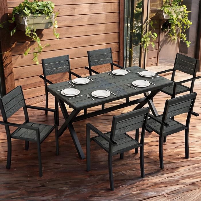 63 x 33.9 x 28.4 in Garden Furniture Sets with gris and Ensemble de repas extérieur 7 pièces pour 6