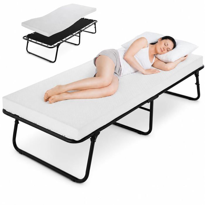 Lit pliant 1 personne 80 x 190 cm  matelas mousse à mémoire de forme 7 cm - cadre acier 136 kg portable housse lavable