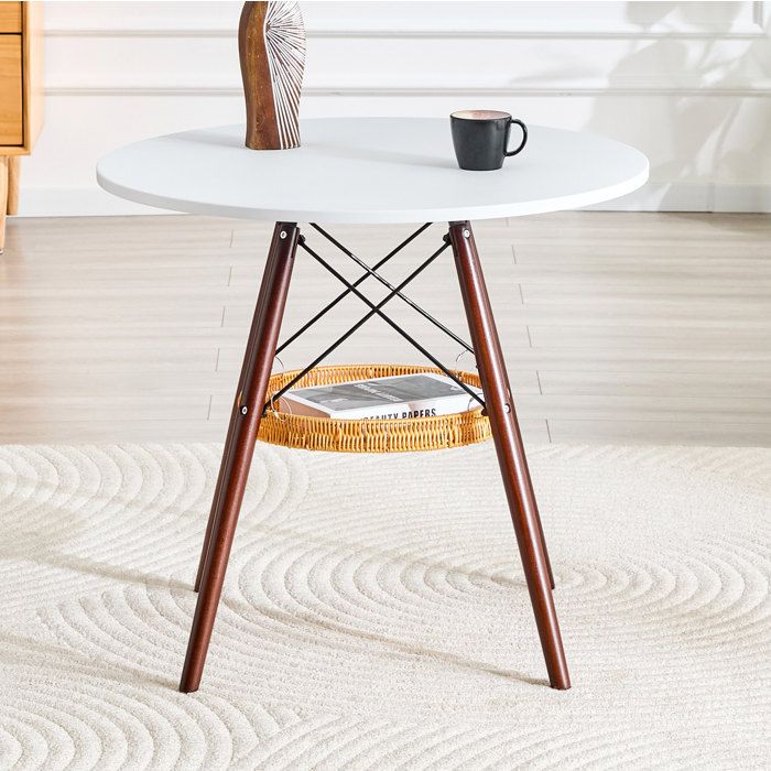 Table à manger ronde blanche 80 x 80 x 71 5 cm plateau MDF pieds en bois massif panier tressé