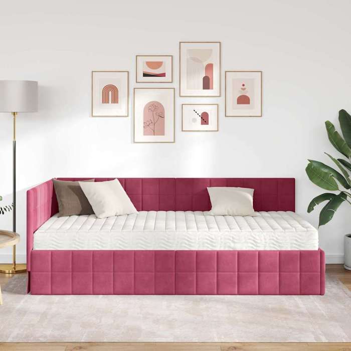 Cadre de lit d’angle - vidaXL - 90x190 cm - Bordeaux - Velours - Lot de 2 - Matelas inclus - Tête de lit - Lit simple 42347