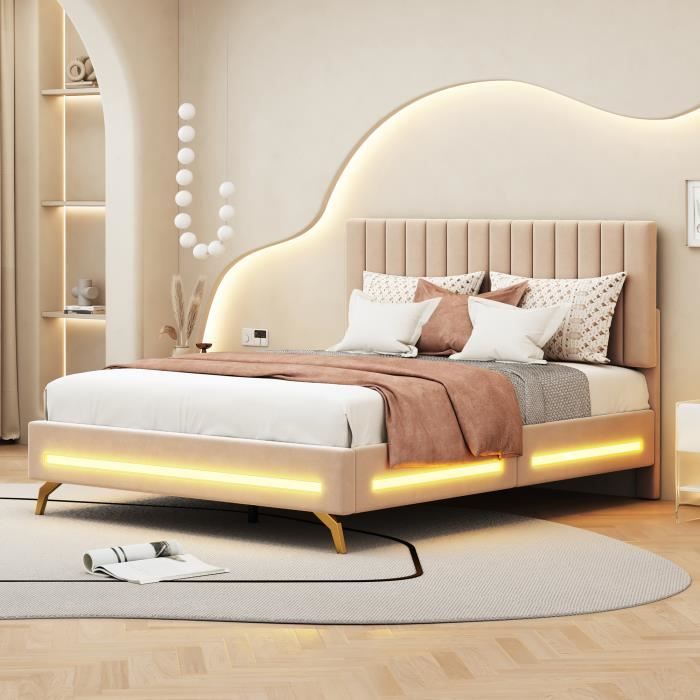 lit capitonné 140 x 200 cm avec lumières led et sommier à lattes, tête de lit réglable - tissu velours - aapaas -  beige