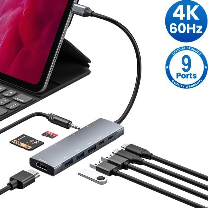 Hub USB-C 6 En 1 MacBook - Ports HDMI 4K, USB 3.0, USB 2.0, SD/microSD, Charge 100W - Compatible MacBook Pro/Air, PC, Téléphones