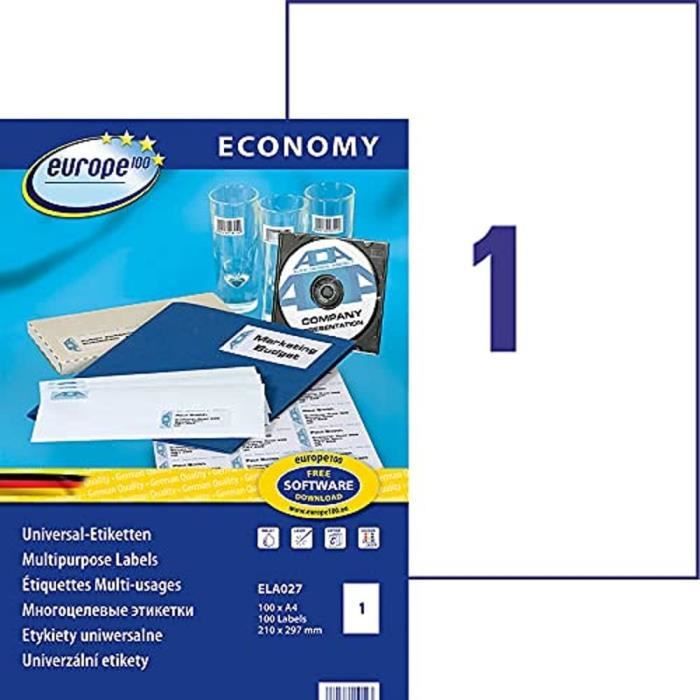 Printation Lot 100 Feuilles Étiquettes Blanches A4 200x297 Mm (1x1) - Imprimables Laser/Jet D'Encre, Compatibles Herma 4458