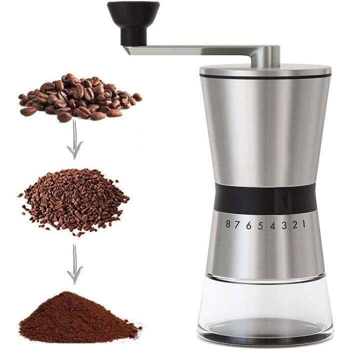 Moulin à Café Manuel - LECOO - Acier Inoxydable - Céramique Réglable - Qualité Alimentaire - Gris