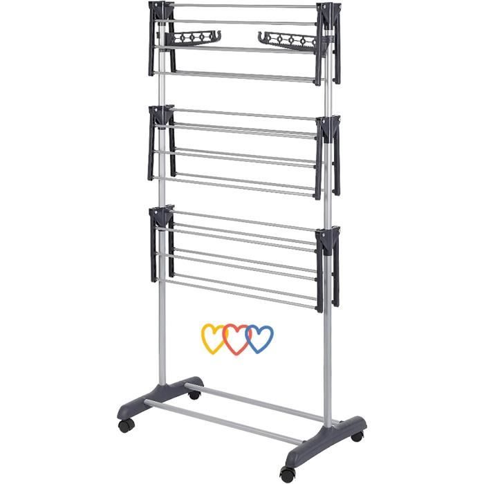 Étendoir à Linge LANTUS 3 Niveaux Extensible - Charge 35 Kg, Roulettes, Pliable, Gain De Place