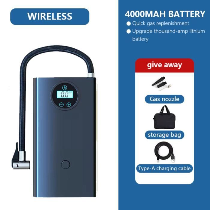 Compresseur Air Portatif JINER 150PSI - Sans Fil 4000mAh, Pour Pneus Voiture/Moto/Vélo, LED