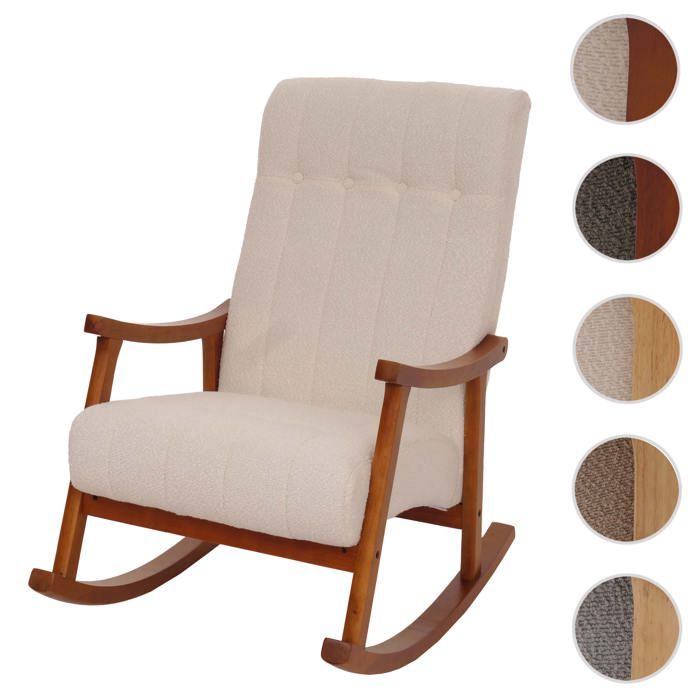 Fauteuil à bascule HWC-K10 tissu bouclé (450g/m²) beige piètement aspect noyer