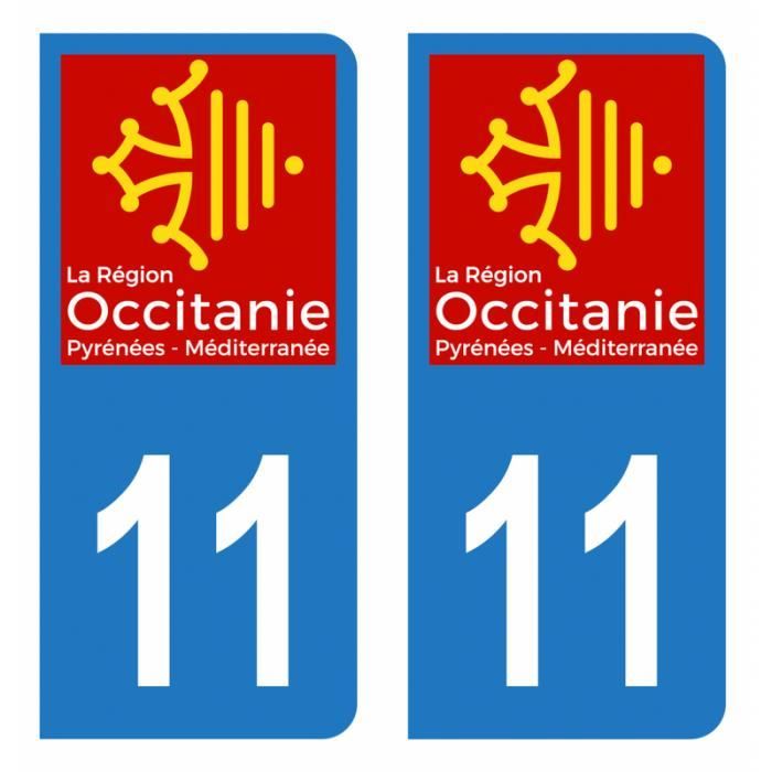 Lot 2 Autocollants Stickers plaque immatriculation voiture auto département 11 Aude Logo Région Occitanie
