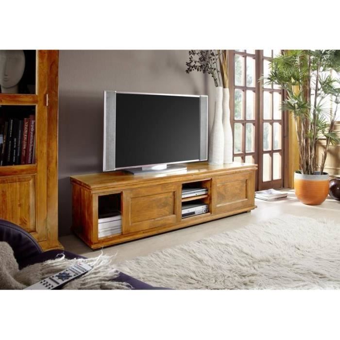 Meuble TV - Bois massif dacacia laqué (Miel) - Style Colonial - OXFORD #0450