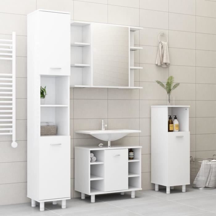 Ensemble Meuble de salle de bain 4 pcs Style Contemporain - SALLE DE BAIN COMPLETE Blanc Aggloméré