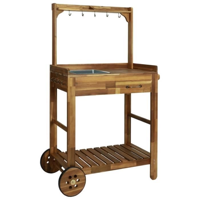 Chariot de cuisine de jardin en bois d'acacia - vidaXL - 92x43,5x141,5 cm - Tiroir, étagère et 9 crochets
