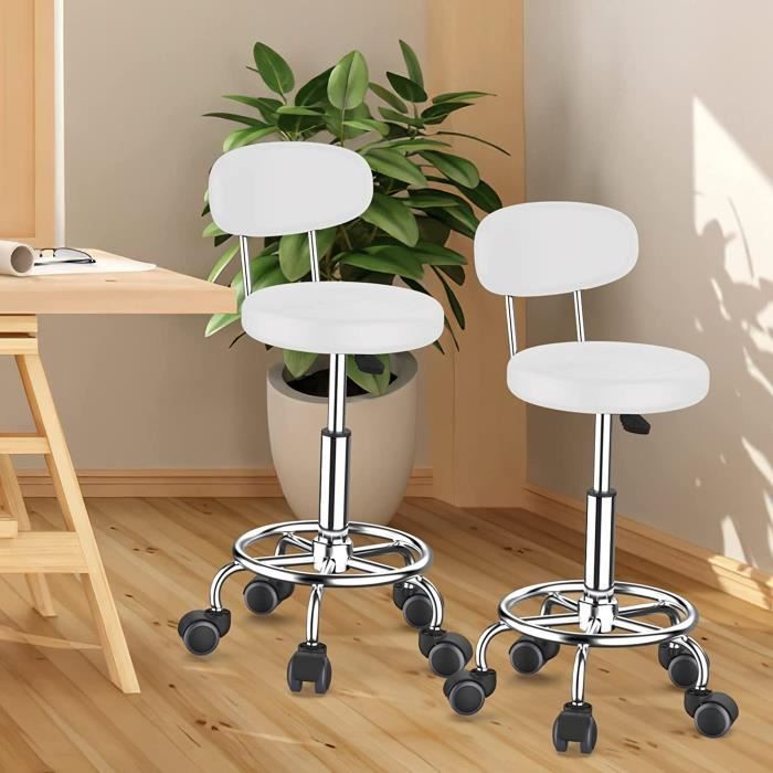 Tabouret de Bureau avec Dossier - VIVOLILV - Lot de 2 siège datelier - Hauteur réglable - Blanc