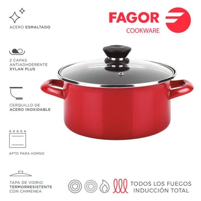 casserole optimax + couvercle ø26cm rouge acier aisi 430 fagor.