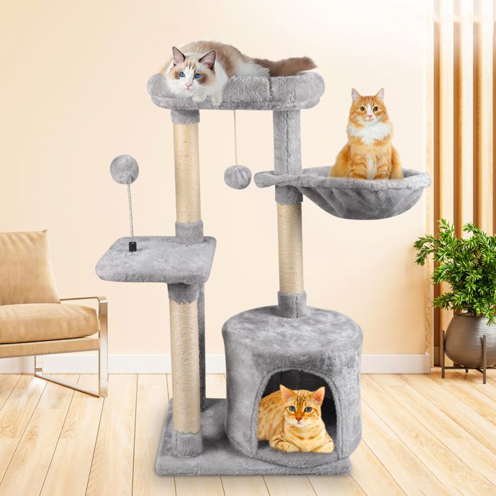 Comparer les prix de Arbre à Chat hauteur de 86 cm - Cadre d'escalade de Chat Planche à Gratter Jouet Boule de Cheveux Suspendu - Gris clair