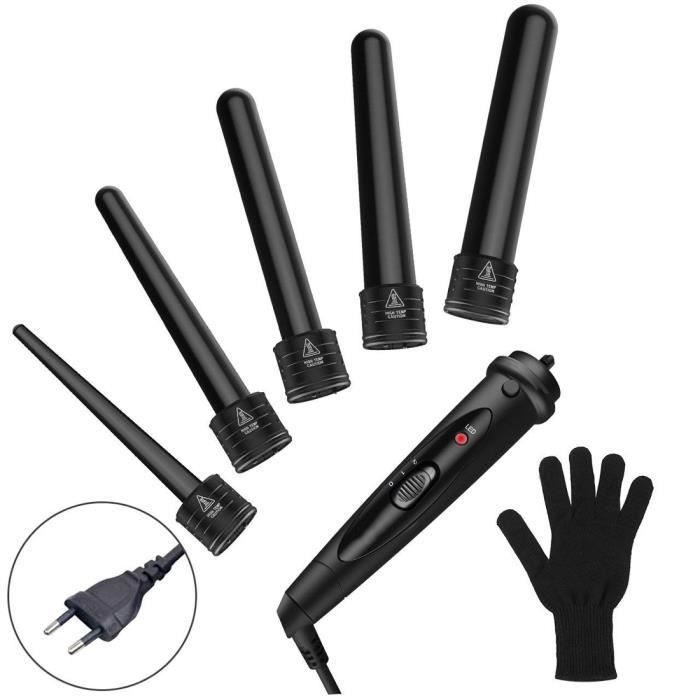 Noir 5 Pièces Fer à Boucler 5 en 1 Fer à Friser Boucleur Fers Interchangeable en Ciramique Tourmaline Chauffage Rapide Gant