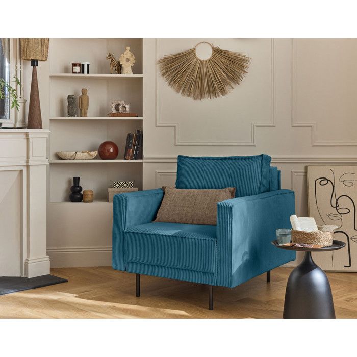 Charlie - fauteuil - pieds hauts - en velours côtelé - Bleu canard