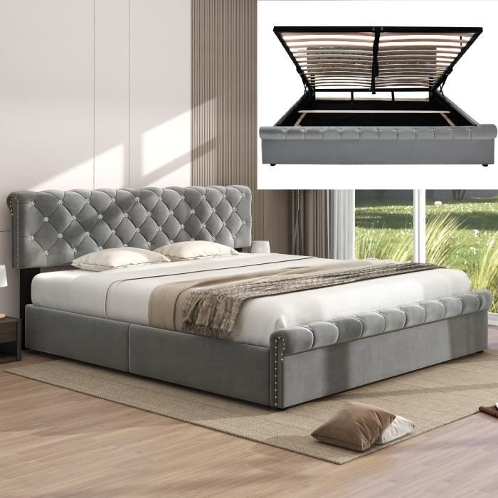 bm lit coffre double 180x200cm en velours, pour adulte 2 places, tête de lit réglable, décor avec rivets et bouton cristal, gris
