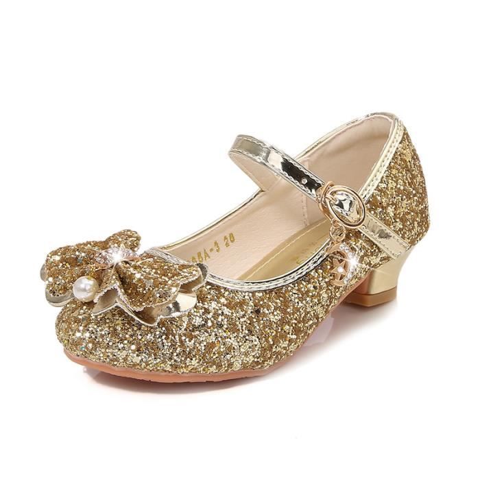 Ballerines Talon Enfant Fille Princesse Chaussures Or Jaune