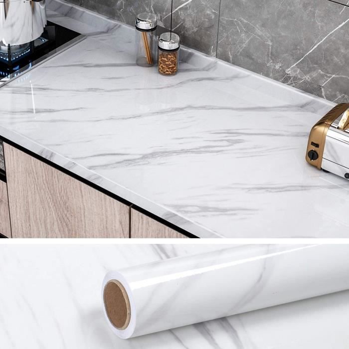 Outad® Papier Peint Marbre Blanc 60cm × 500cm pour Meuble Cuisine Mural Vinyle Adhesif Revêtement Plan de Travail Adhésif
