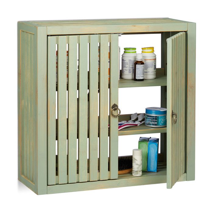 Relaxdays Placard mural salle de bains Armoire murale bambou vintage 2 Etagères H x L x P : 50 x 52 x 20cm vert