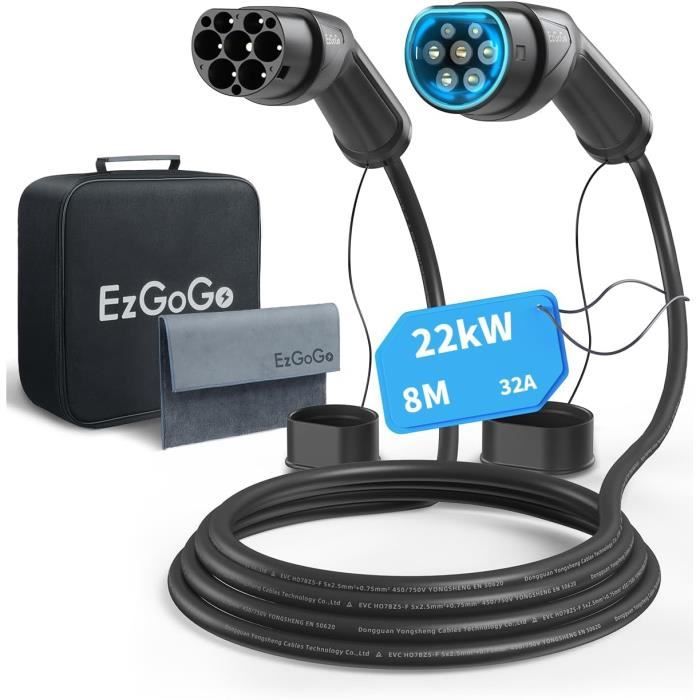 Câble De Recharge Voiture électrique Type 2 - Longueur 8 M, Puissance Jusqu’à 22 KW - Triphasé, Avec étui Rigide - Compatible Europe