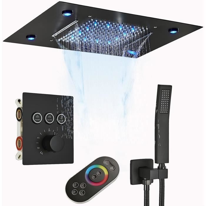 LED Colonne de Douche Encastrée Noir Thermostatique 38℃,Système de Douche de Tête 49 x 35 cm Carrée en Laiton avec télécommandez