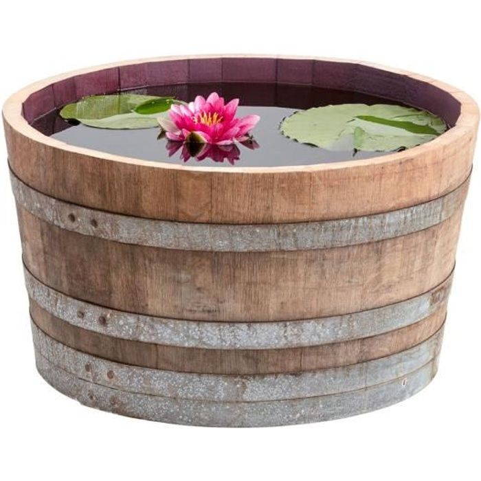 TEMESSO Demi tonneau de vin en bois de chêne - pot de fleurs ou mini étang - Nature