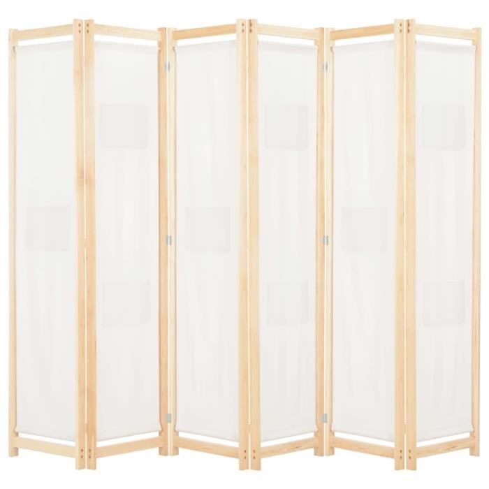 Truvito Paravent Cloison de Séparation pliable 240x170 cm 6 PanneauxBois massif & TissuDécoration Meuble IntérieurCrème
