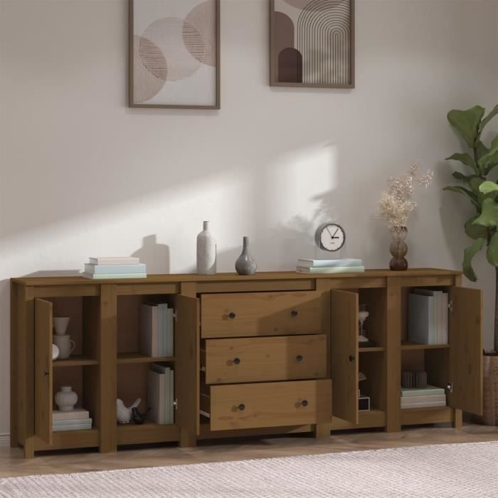 Buffet haut - QQMORA - HAMAR - Bois massif de pin - Marron miel - 2