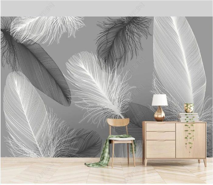 Papier Peint Panoramique 3D Plume D'Art Minimaliste Noir Et Blanc ...