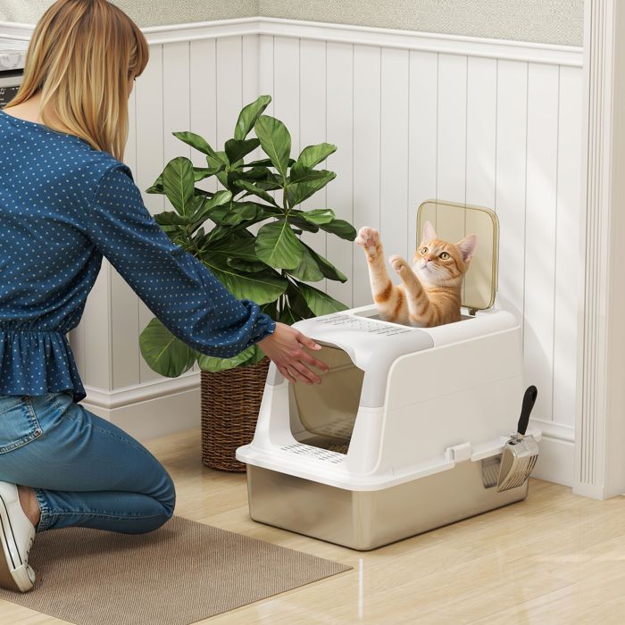 Bac à Litière Fermé Pour Chat En Acier Inoxydable - Anti-odeurs, Anti-fuites - Jusqu'à 5 Kg - Blanc