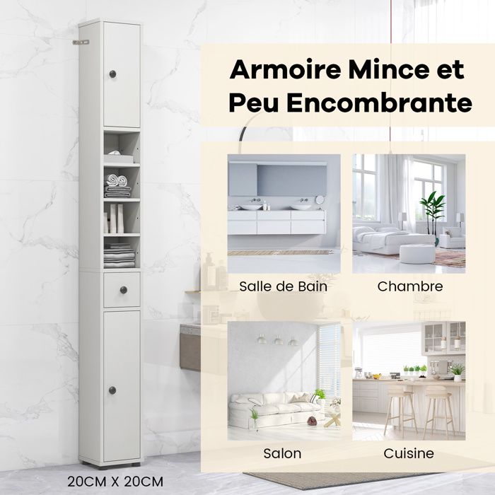 COSTWAY Armoire Colonne Salle De Bain 170 Cm - Meuble Rangement 5 Étagères Blanc