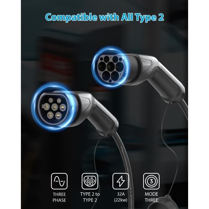 Tomon Cable Recharge Voiture Électrique Type 2 22KW 32A Triphasé 5M - Compatible Tesla, VW, Etc