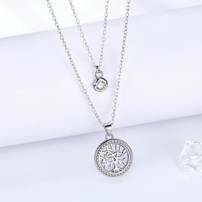 Qings Collier Tournesol Argent 925 Double Pendentif - Zircons Cubiques Et Nacre, Tournesol Mobile, Chaîne 43+3 Cm, Cadeau Femme Fille