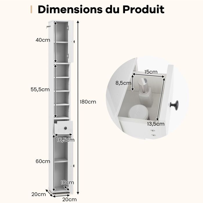 Meuble Colonne Étroite COSTWAY - Armoire Haute Avec Portes Verre Ondulé, Étagères Réglables - Blanc, Pour Salle De Bain, Salon - 9