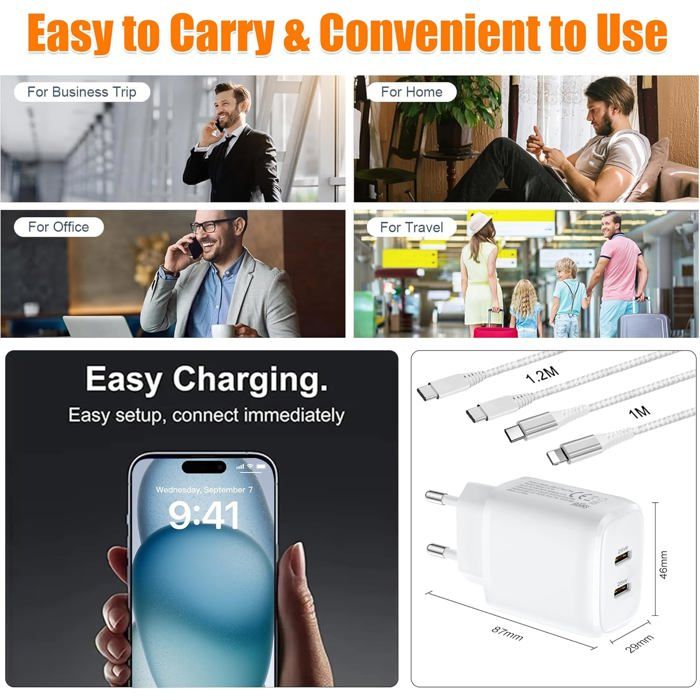 Chargeur Rapide 30W Pour IPad Air 2024/2022 Et Autres Appareils - Prise EU + Câble USB-C 1,8 M, Compatible QC3.0 Et PD3.0