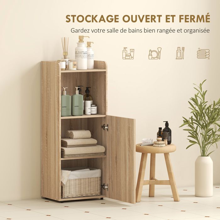 Meuble Armoire Salle de Bain Rangement Bois 1 Plateau Réglable 1 Casier