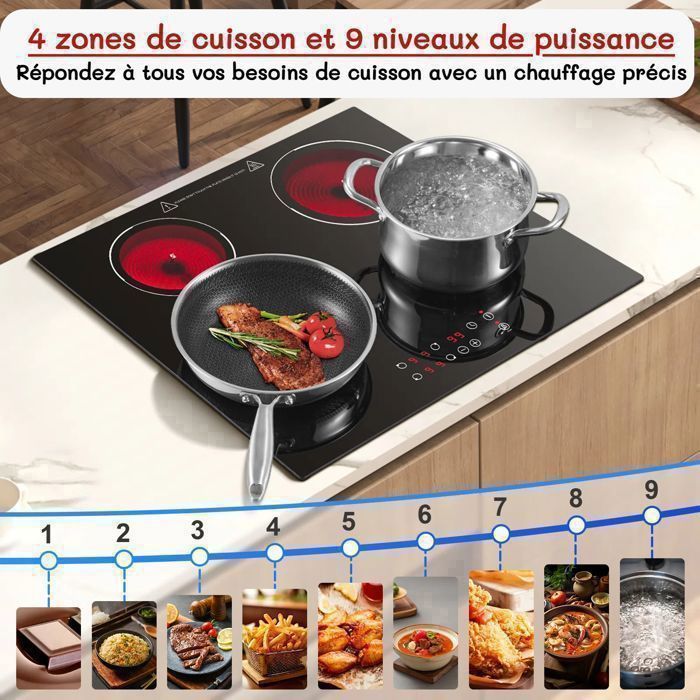 Hobsir Plaque Vitrocéramique 4 Feux,Table De Cuisson 60Cm Encastrable,6000W Commande Tactile
