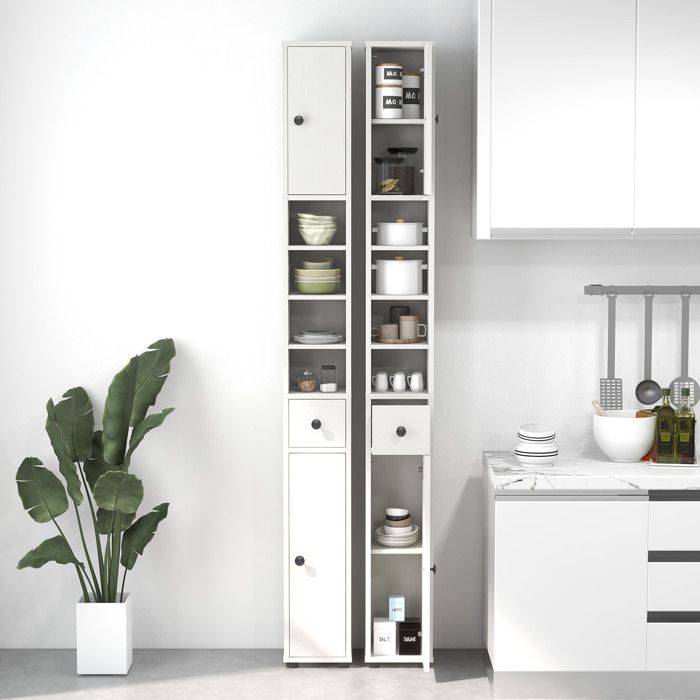Meuble Colonne Étroite COSTWAY - Armoire Haute Avec Portes Verre Ondulé, Étagères Réglables - Blanc, Pour Salle De Bain, Salon - 12