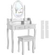 Coiffeuse - OOBEST - 75x40x145CM - 4 Tiroirs - Blanc - Pin - Miroir Ovale - Table de Maquillage-0